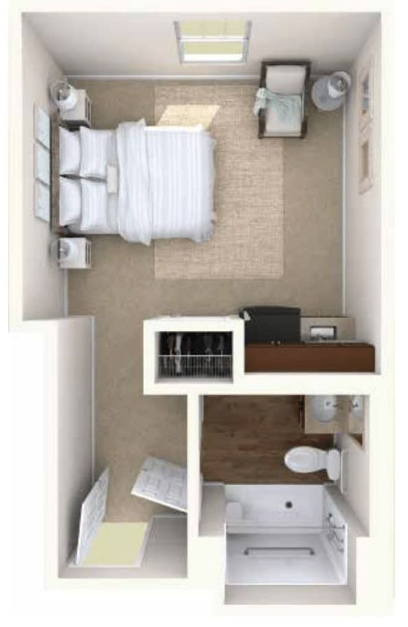 Top view of a small apartment floor plan featuring a bedroom and bathroom.