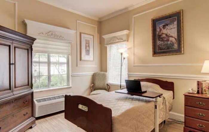 A cozy bedroom with a hospital bed, featuring a window, chair, and decorative paintings.