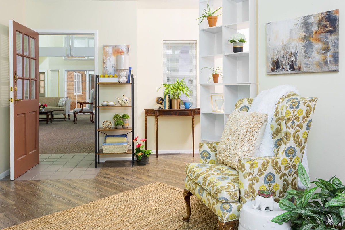 A cozy living room with patterned armchair, plants, and decorative shelves.