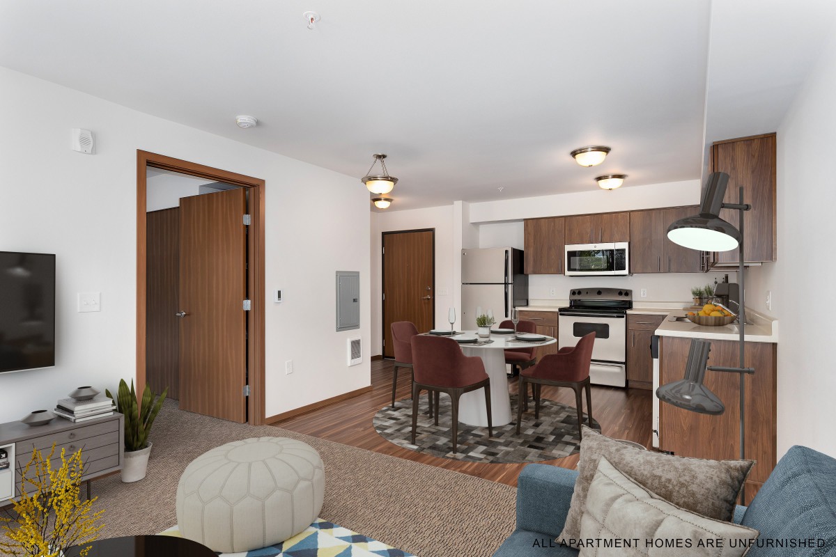 A modern open-plan apartment featuring a cozy living room and kitchen area.