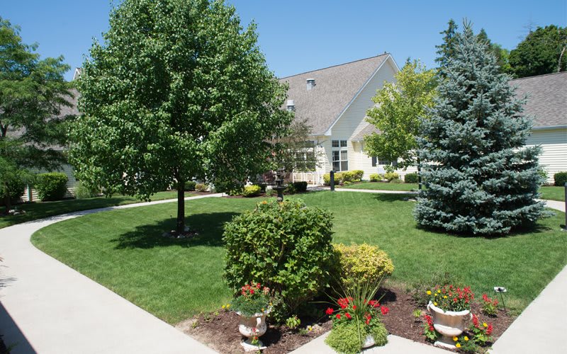 A cozy house surrounded by a well-maintained garden with lush greenery and vibrant plants.