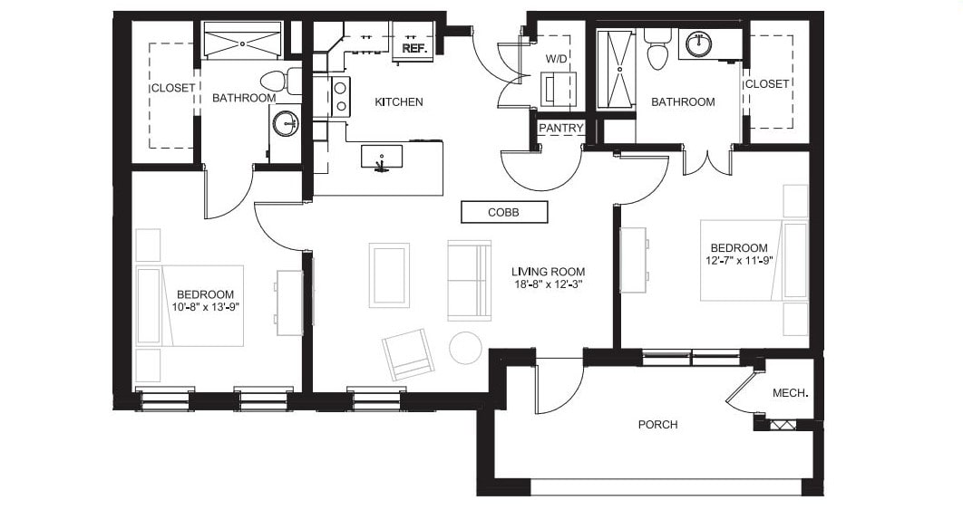 Floor plan of an apartment showing the layout of rooms and spaces.