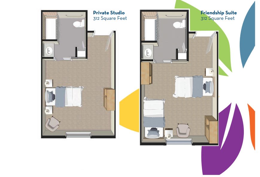 Comparison of private and shared studio apartment floor plans.