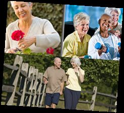 Seniors enjoying an active lifestyle with gardening, exercise, and walking outdoors.