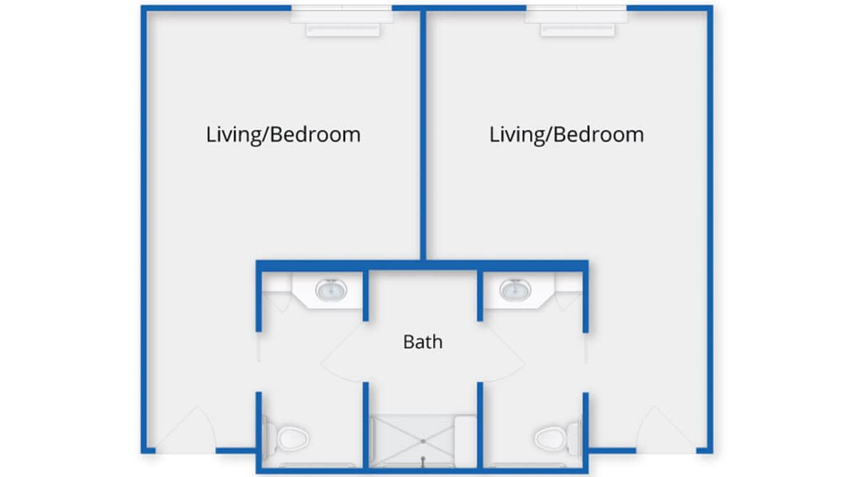 A floor plan showing two living/bedroom areas with a shared bathroom in between.