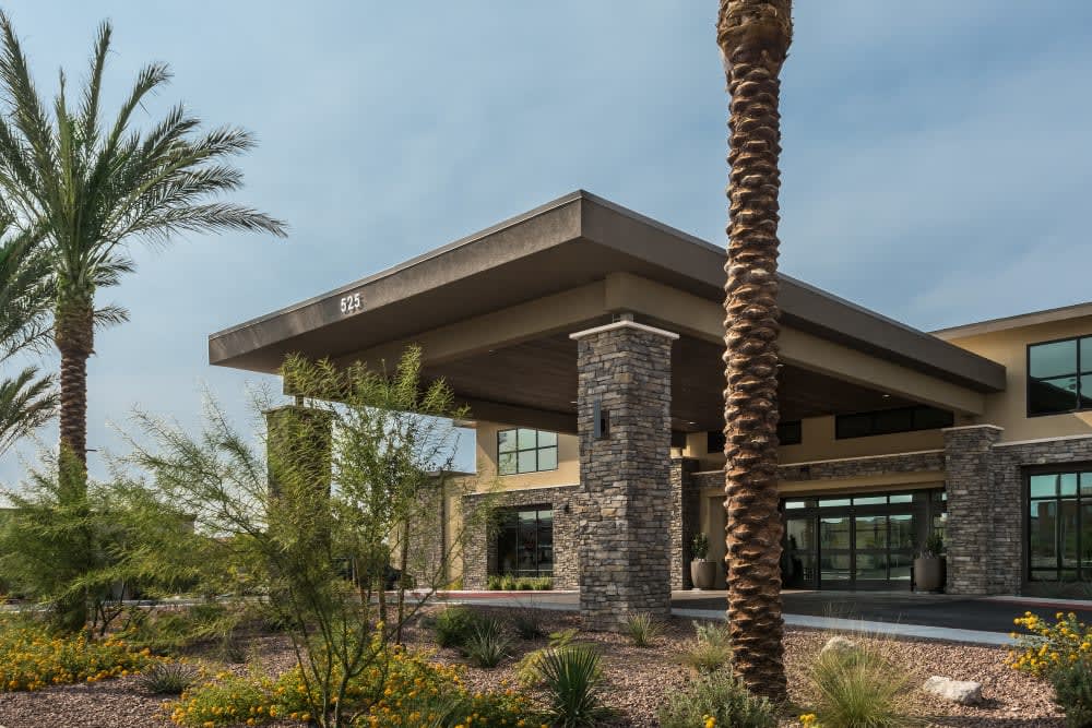 A modern building exterior with palm trees and landscaped surroundings.