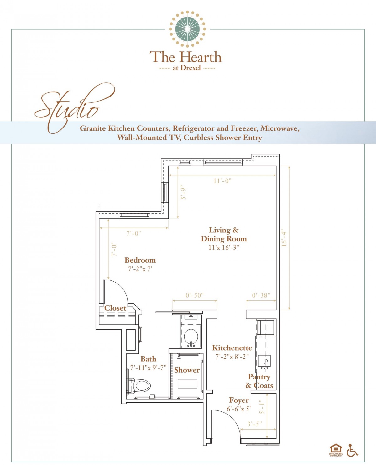Floor plan of a one-bedroom apartment at The Hearth, featuring a living/dining room, kitchen, bathroom, and bedroom.