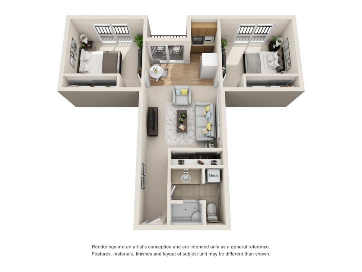 A 3D floor plan showcasing a two-bedroom apartment layout with modern interior design elements.