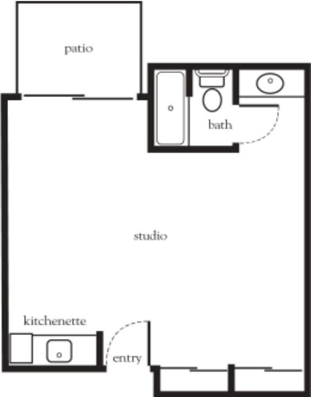 A floor plan of a studio apartment with a kitchenette, bath, and patio.