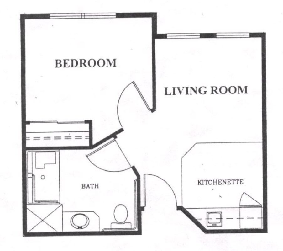Floor plan of a small apartment with a bedroom, living room, bathroom, and kitchenette.