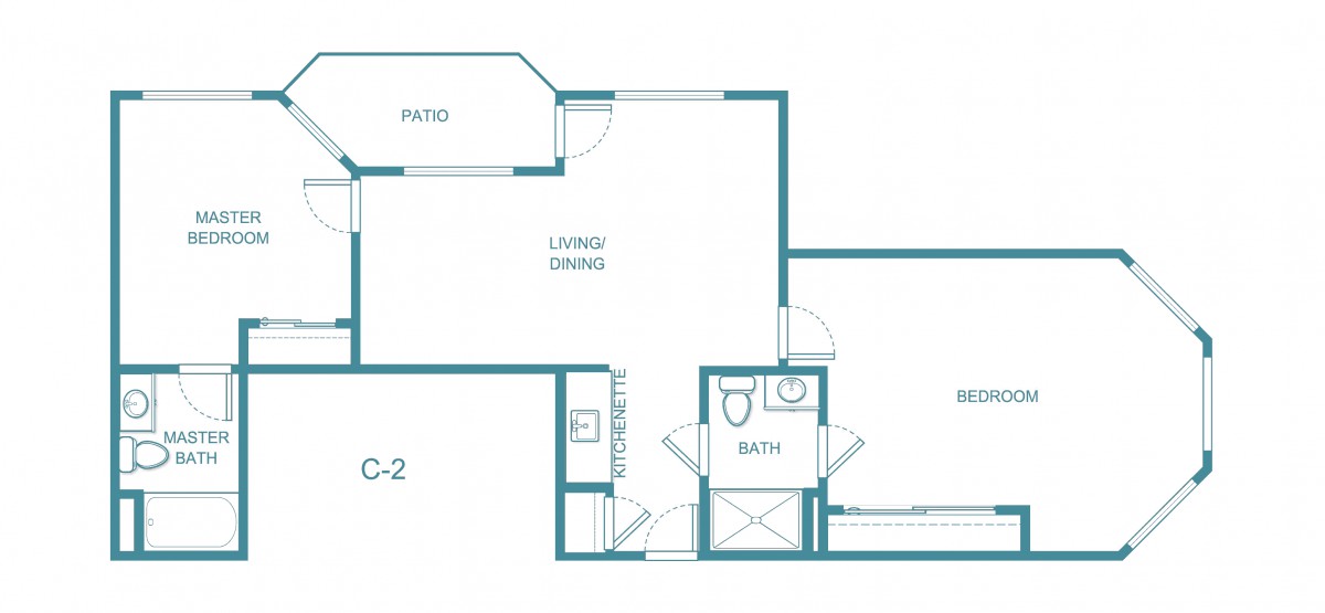 A floor plan of an apartment showing the layout with a patio, living room/dining area, kitchen, bathroom, and additional rooms.