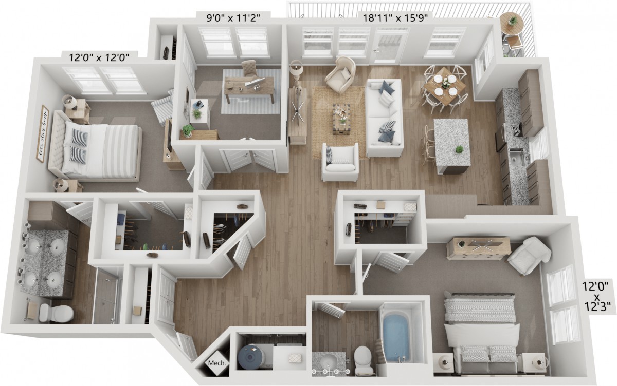 3D floor plan of a modern apartment with detailed interior layout.