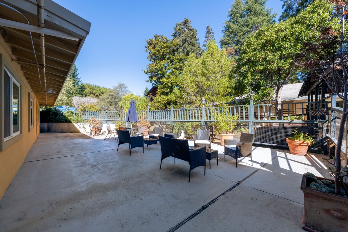 A sunny outdoor patio with comfortable seating and lush greenery.