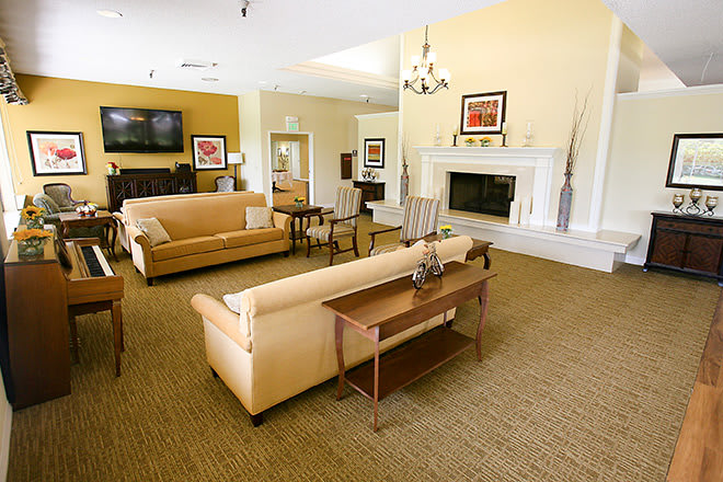 A spacious and elegantly decorated living room with sofas, a fireplace, and modern decor.