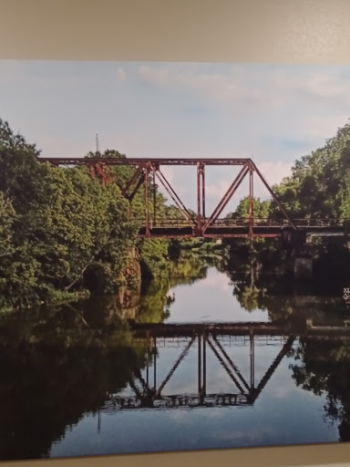 A serene view of a red metal bridge reflecting in the calm waters of the river, surrounded by lush greenery.