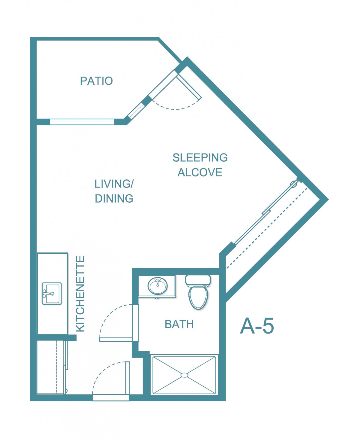 A floor plan of a studio apartment with a sleeping alcove, living/dining area, kitchenette, bathroom, and patio.