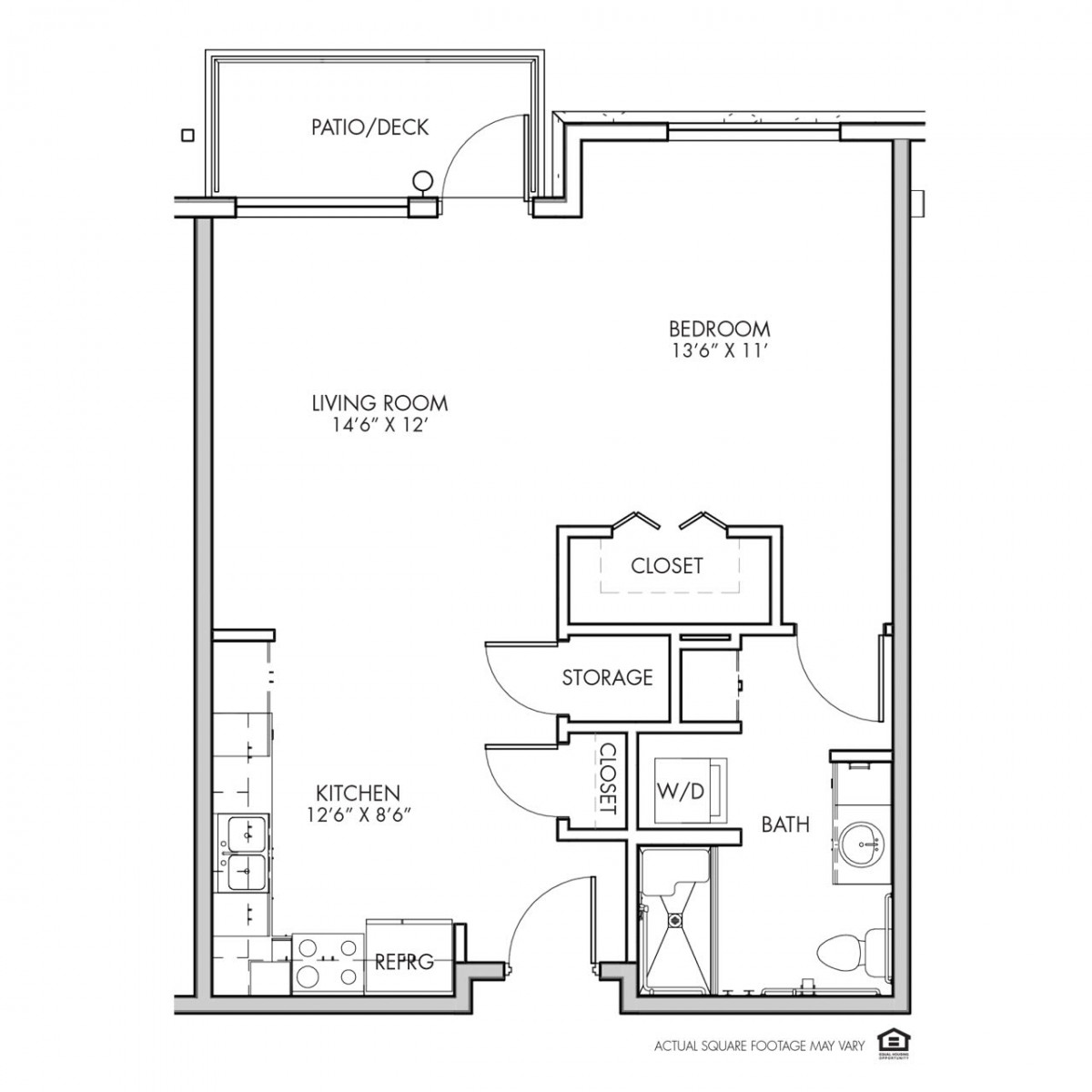 A floor plan of an apartment featuring a bedroom, kitchen, bathroom, living room, and balcony.