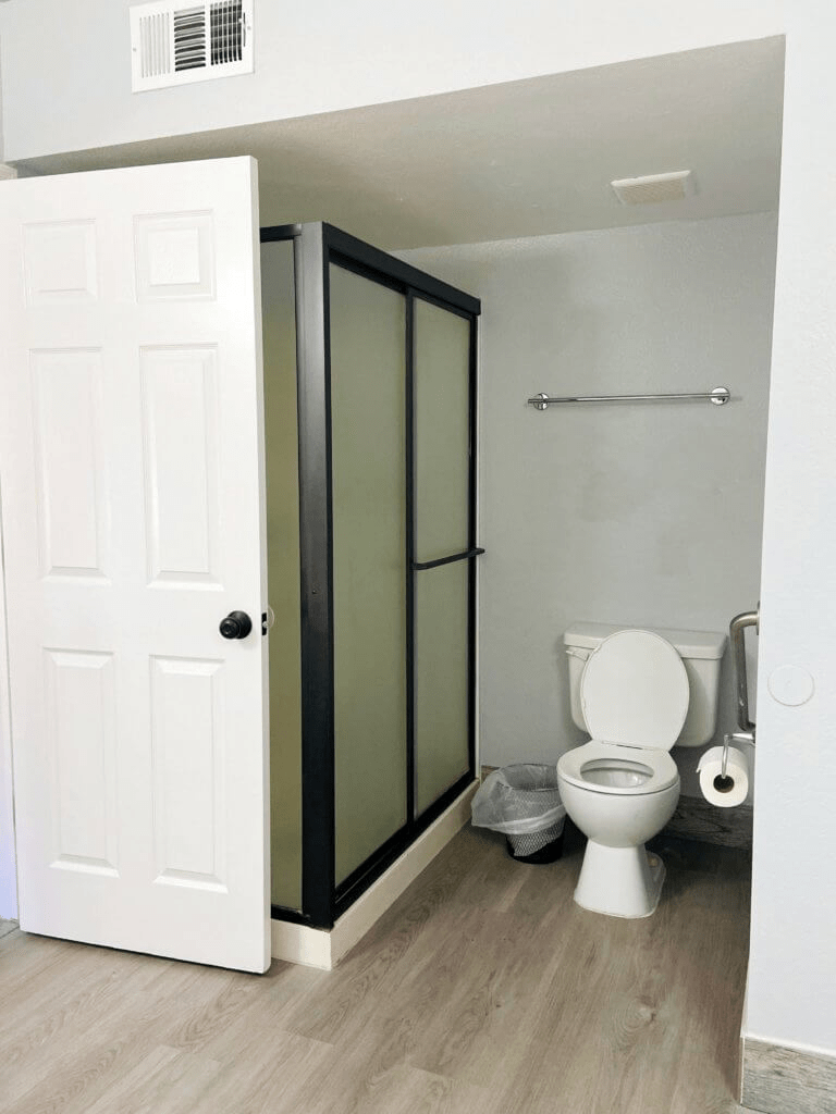 A bathroom featuring a shower and a toilet with simple decor.