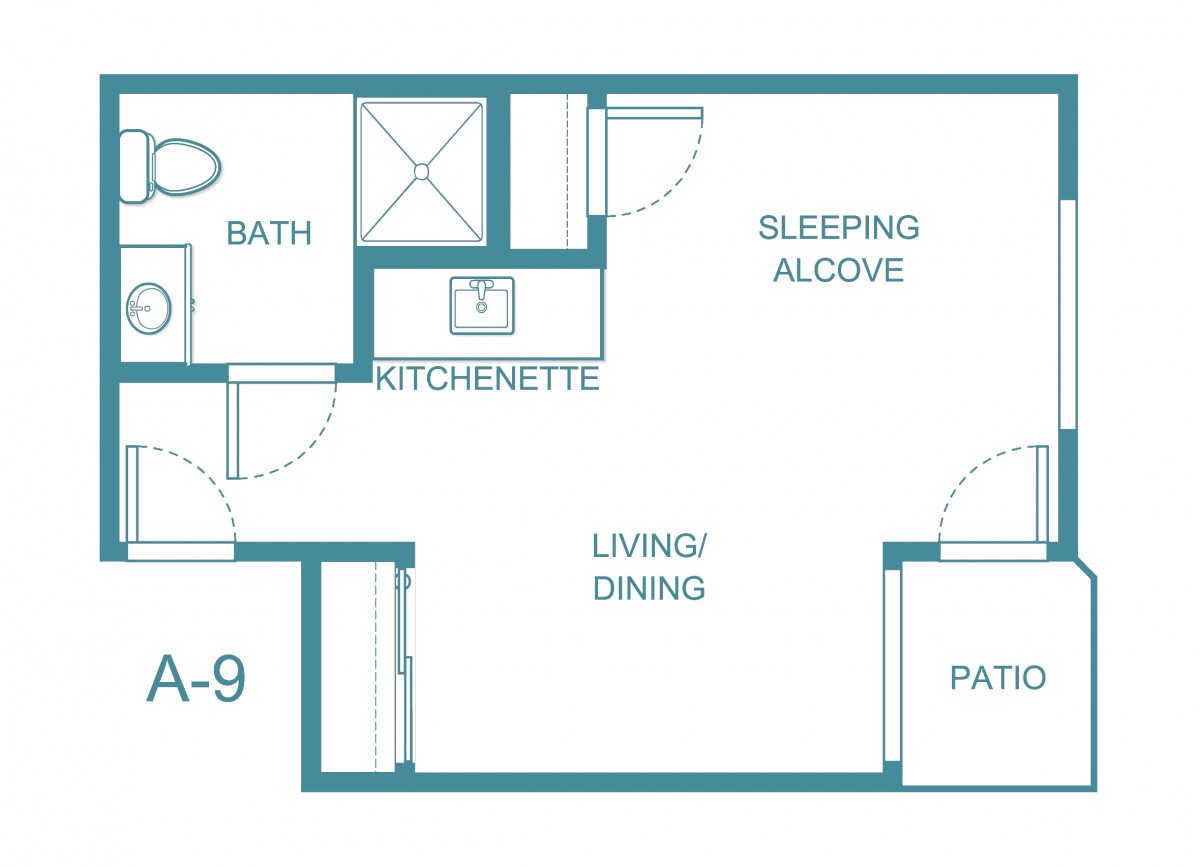 This is a floor plan of a studio apartment featuring a living/dining area, kitchenette, bath, sleeping alcove, and patio.