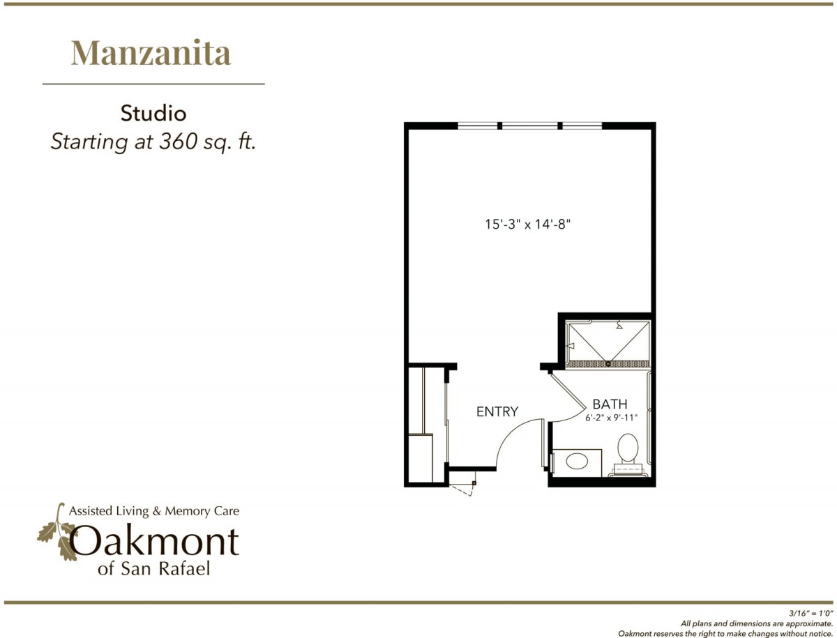 Floor plan of a studio apartment with an approximate living area of 360 square feet.