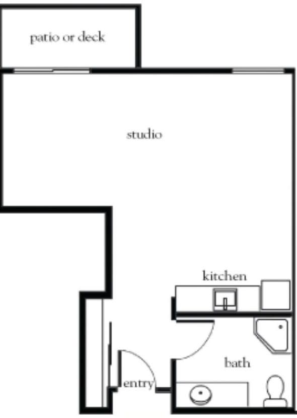 A simple floor plan of a studio apartment, featuring an open layout with a kitchen area.