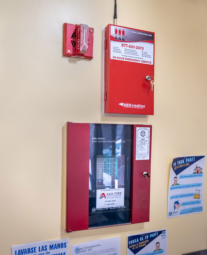 A fire safety station displaying a fire alarm and a fire extinguisher box.