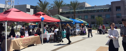 A vibrant community event featuring various booths and tents under the sunny sky.