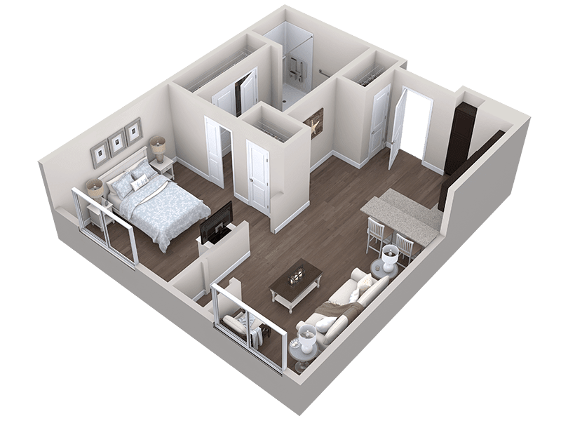 3D rendering of a single-bedroom apartment floor plan.