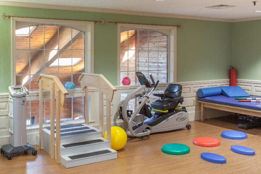 A rehabilitation room equipped with exercise tools including a stationary bike, stairs, therapy balls, and balance pads.