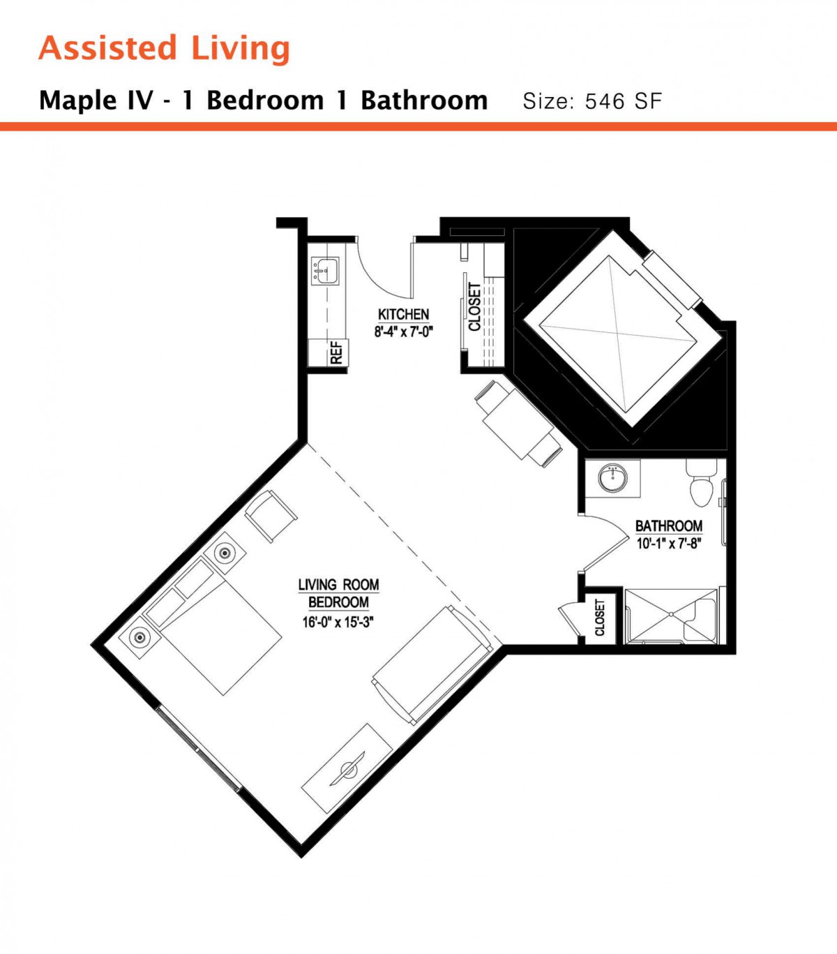Maple IV: 1 Bedroom, 1 Bathroom Apartment Floor Plan - Size: 546 SF