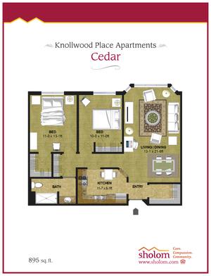 Floor plan of a two-bedroom apartment labeled 'Cedar' at Krellwood Place Apartments.