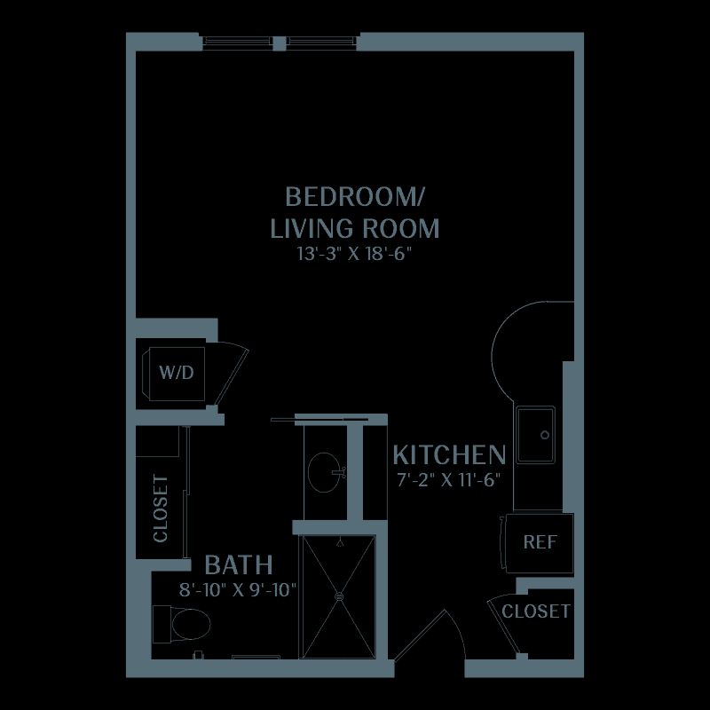 Studio apartment floor plan with designated areas for bedroom, living room, kitchen, and bathroom.