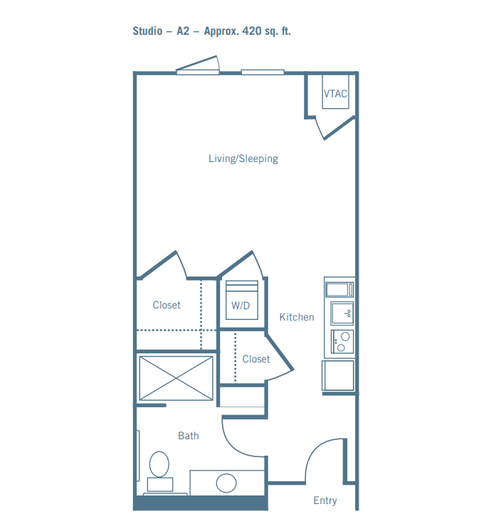 Floor plan of a studio apartment measuring 430 sq. ft.