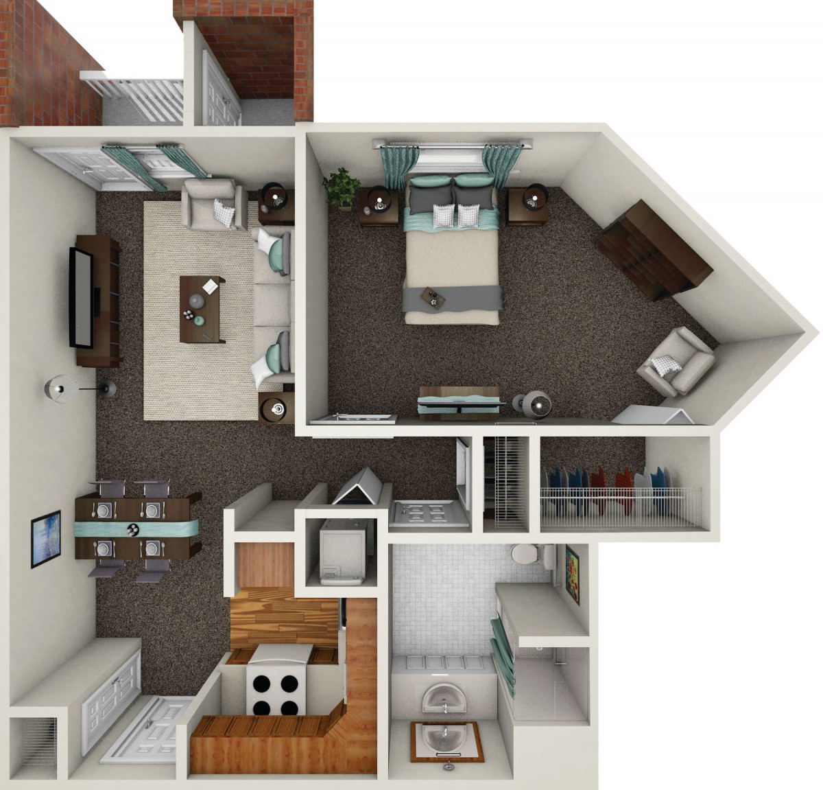 A detailed floor plan of a one-bedroom apartment with a living room, kitchen, dining area, and bathroom.