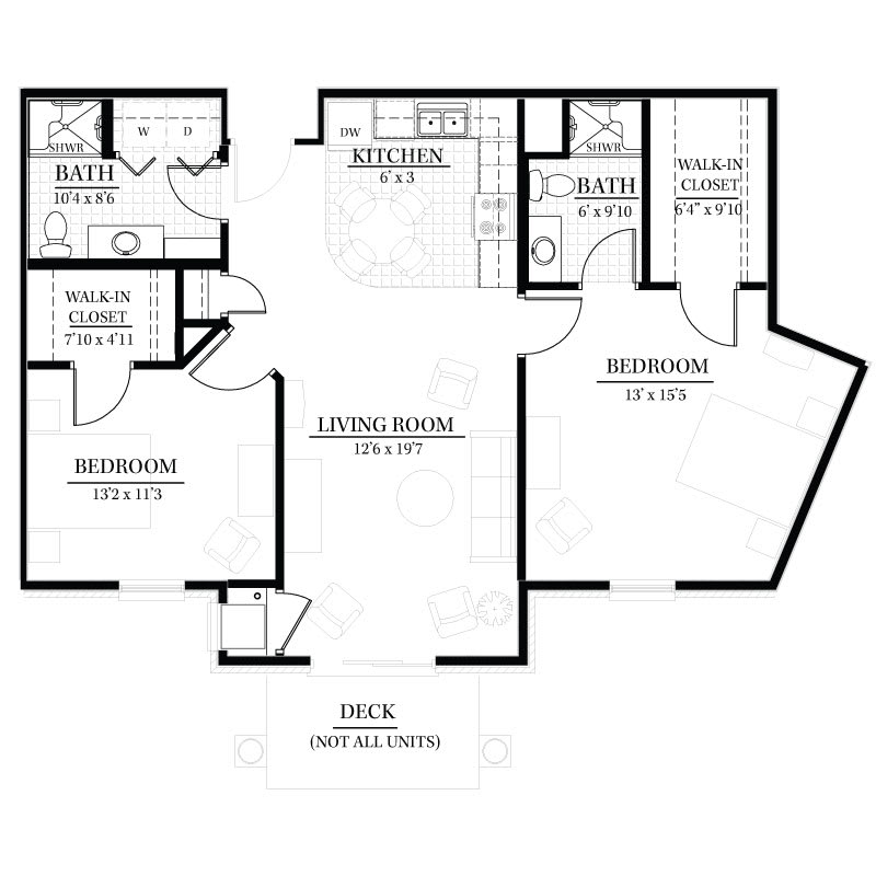 A floor plan of an apartment featuring two bedrooms, a living room, a kitchen, and bathrooms.