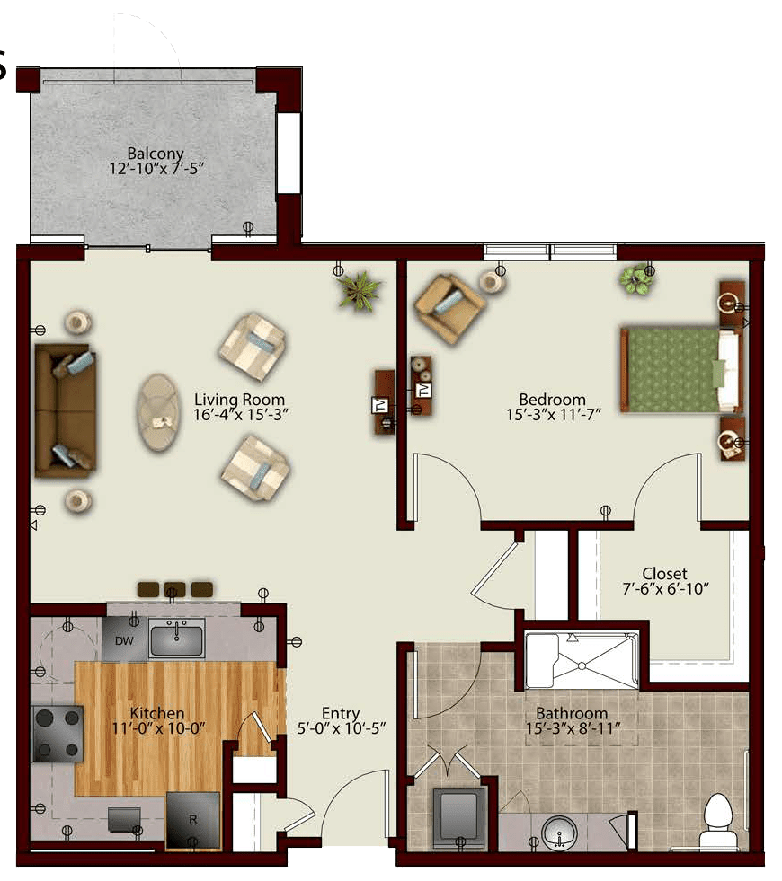 A 1-bedroom apartment floor plan featuring a living room, kitchen, and bathroom.