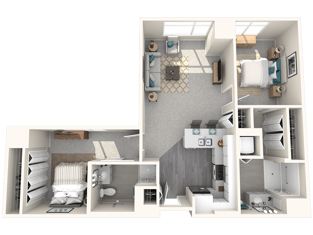 A 3D floor plan of a modern apartment featuring a living room, kitchen, bedroom, and bathroom.