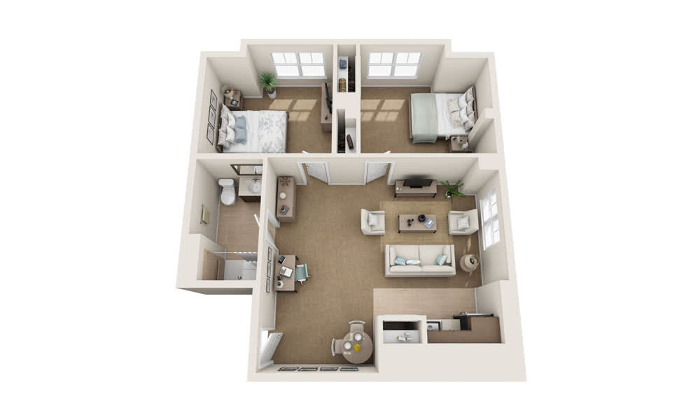 A 3D floor plan of a two-bedroom apartment with an open living area and kitchen.