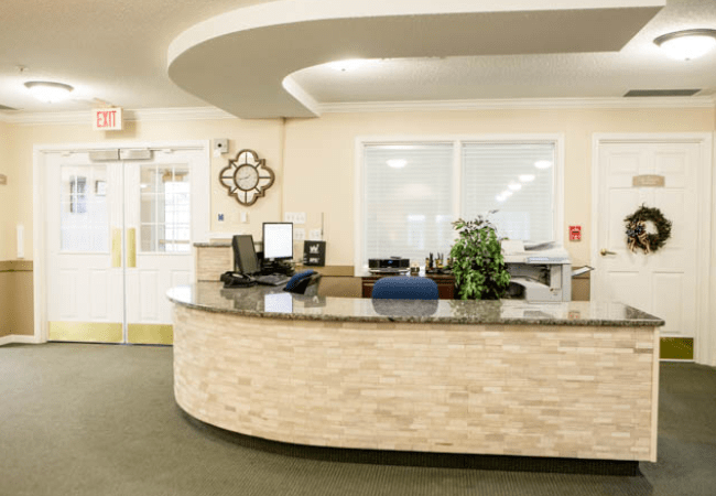 A modern reception area with a curved desk, computer equipment, and decorative plants.