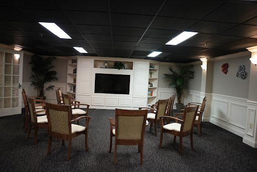 A cozy meeting room featuring arranged seating, a television, and decorative plants.