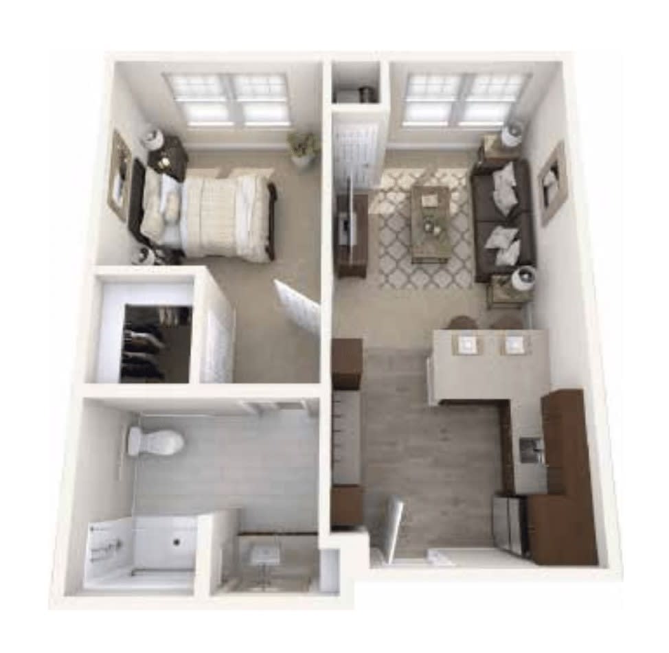 A 3D floor plan of a one-bedroom apartment featuring a living room, kitchen, and bathroom.