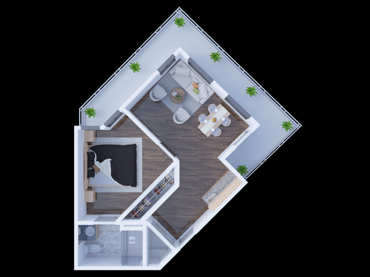 Top view of a modern apartment floor plan featuring a bedroom, bathroom, kitchen, and living area.