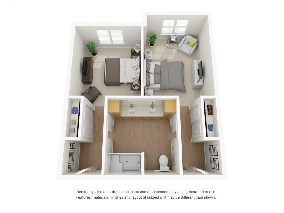 A 3D rendered floor plan of a two-bedroom apartment showcasing the layout and arrangement of rooms.