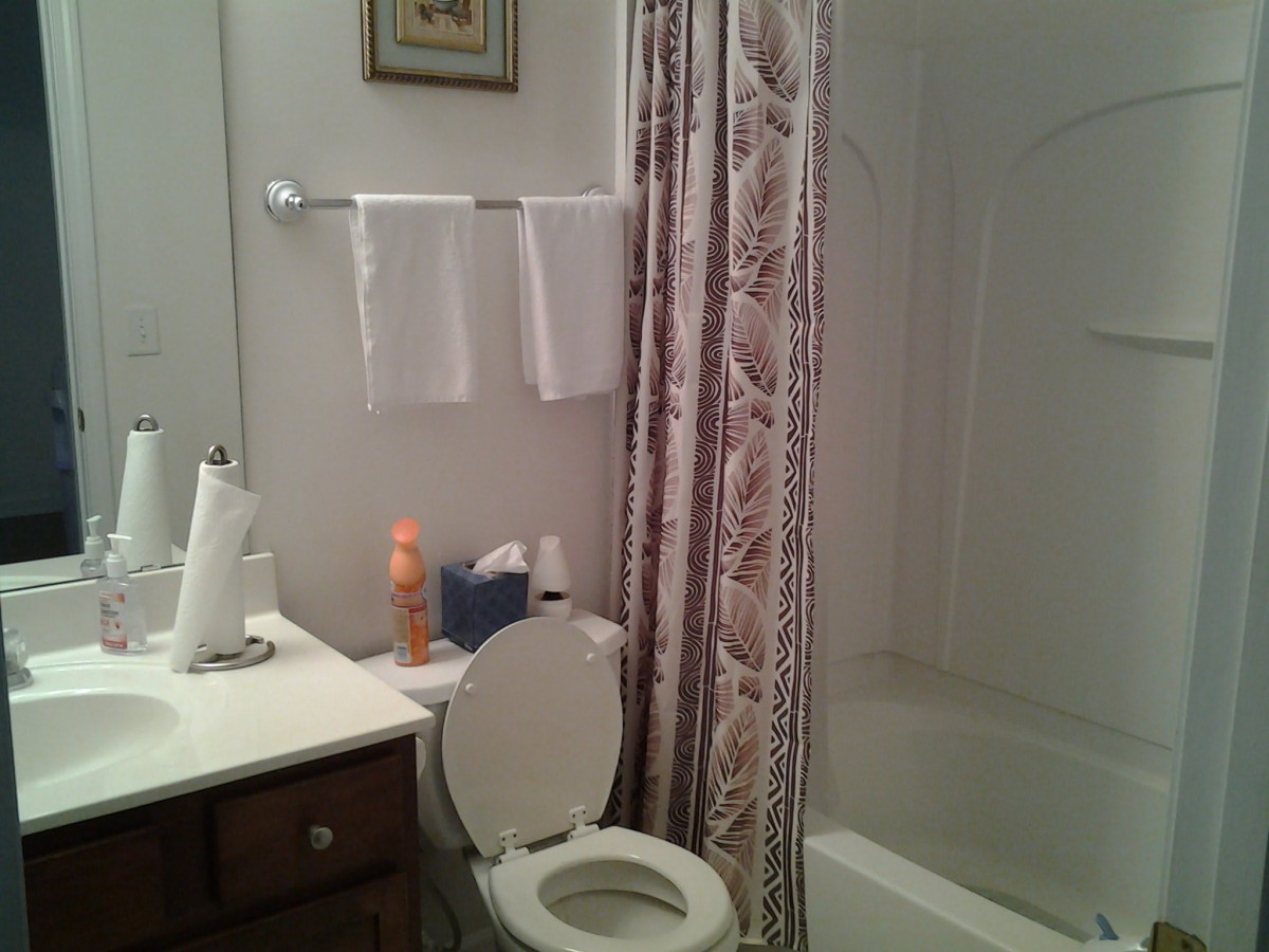 A clean bathroom with a shower, toilet, and sink area.