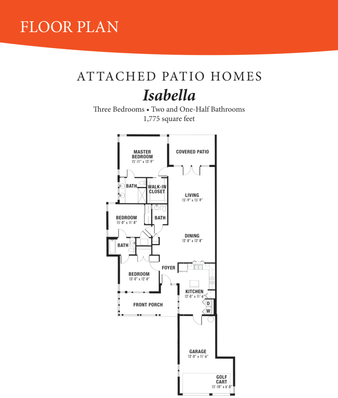 Floor plan of the Isabella model in attached patio homes, featuring three bedrooms and two and a half bathrooms.