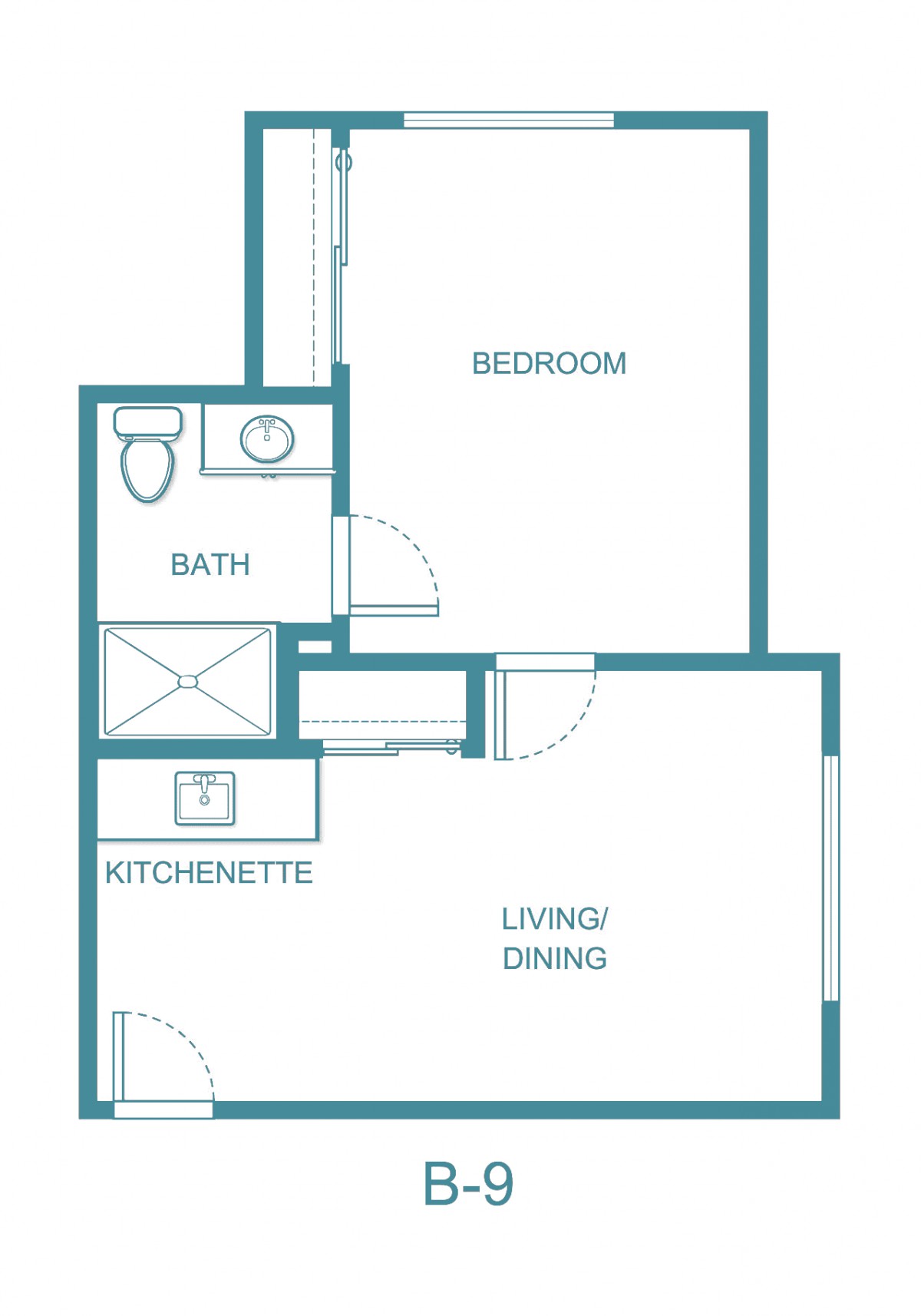 A simple one-bedroom apartment floor plan with a bathroom, kitchenette, and living/dining area.
