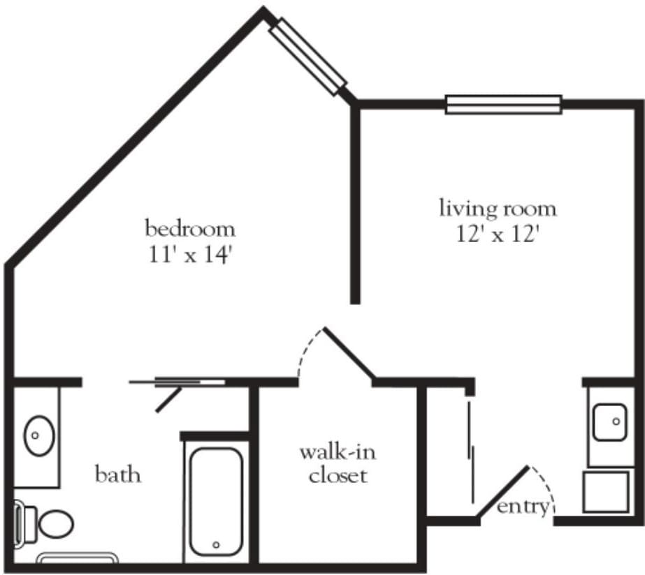 A floor plan showing a one-bedroom apartment with a living room, bathroom, and walk-in closet.