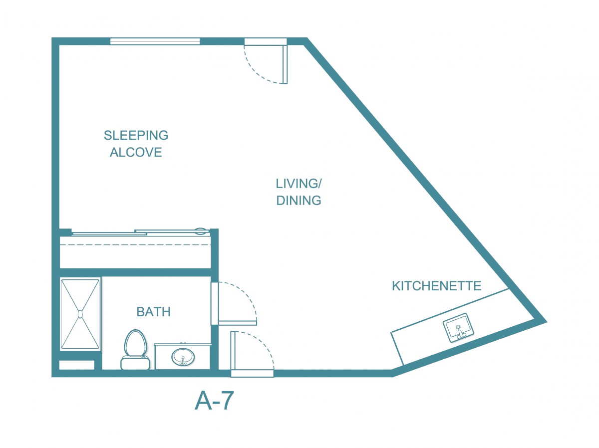 A floor plan of a studio apartment featuring a sleeping alcove, bath, living/dining area, and kitchenette.