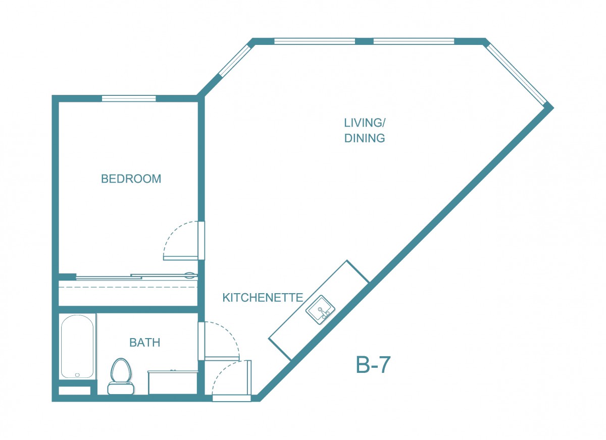 A blueprint of an apartment featuring a living/dining area, kitchen/ETC, bedroom, and bath.