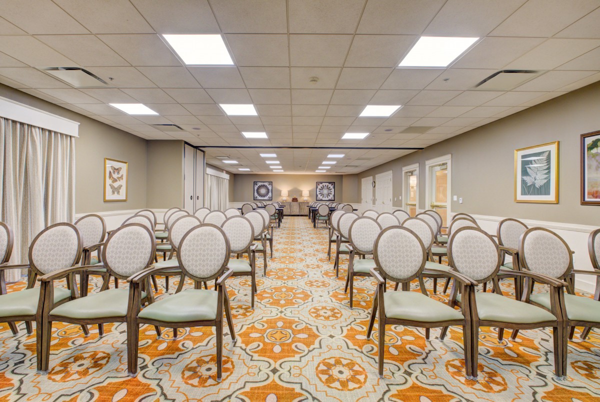 A well-lit conference room with rows of elegant chairs arranged on a patterned carpet, ready for a meeting or event.